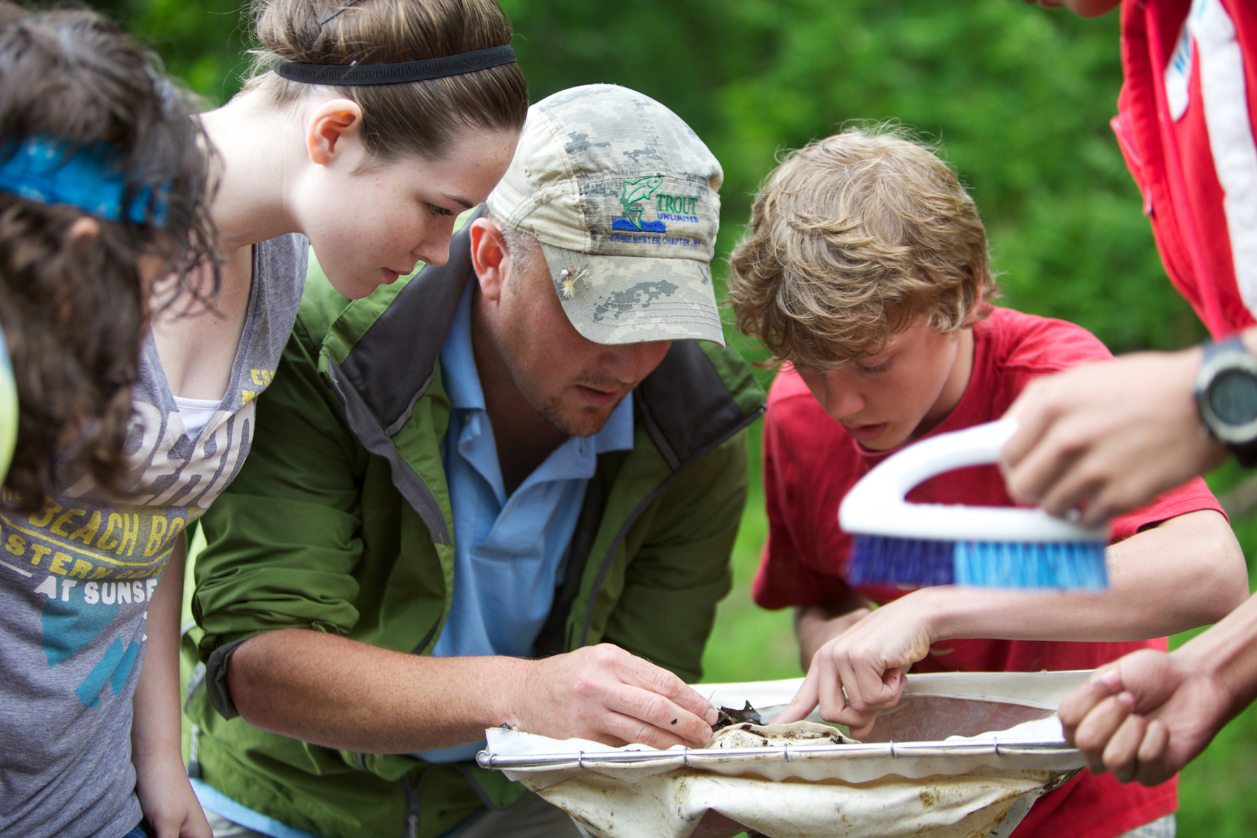 A teacher and students inspect stream organisms collected in a field net.
