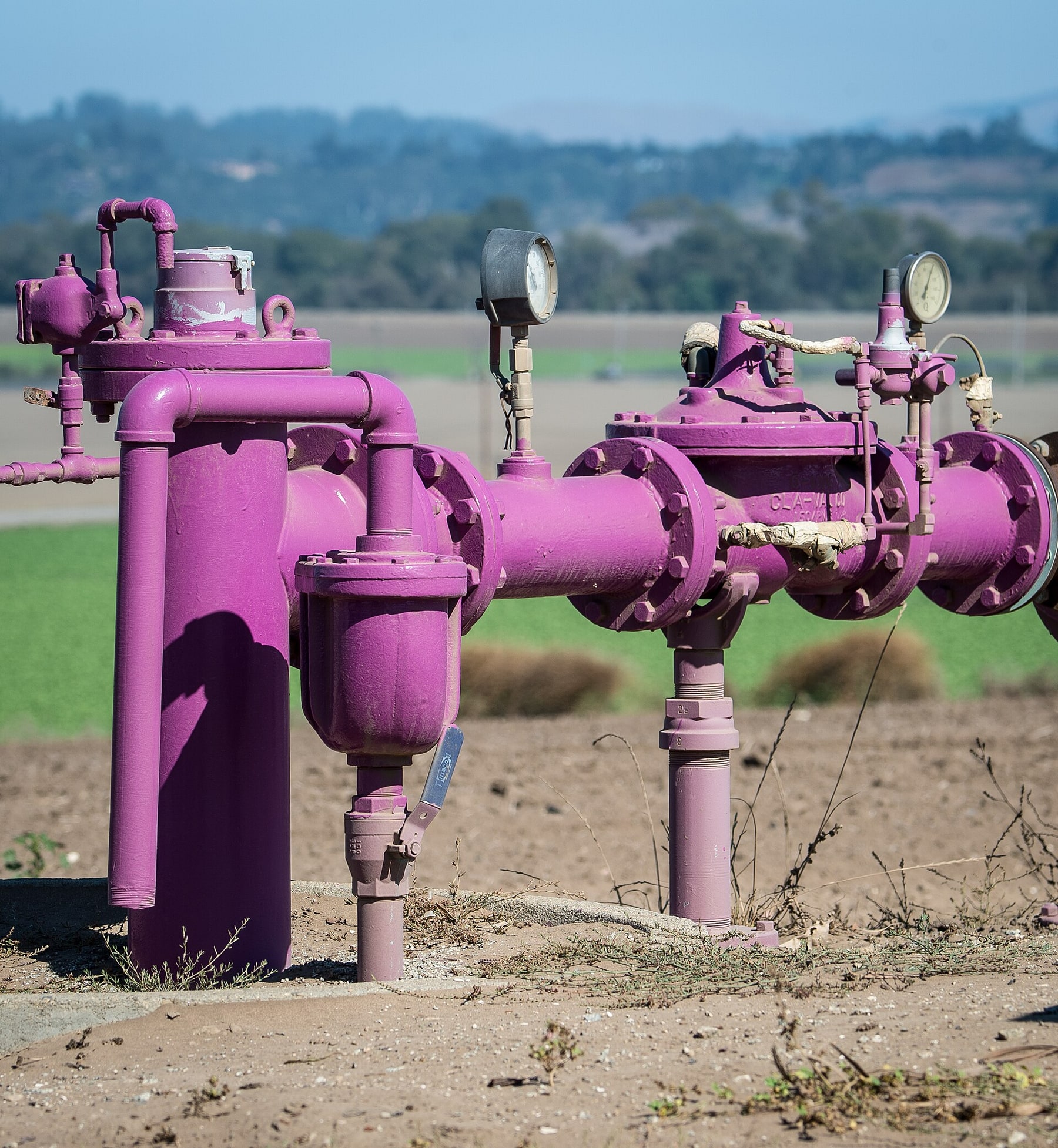 Purple reclaimed-water pipes, valves, and pressure gauges stand beside fields in Watsonville.