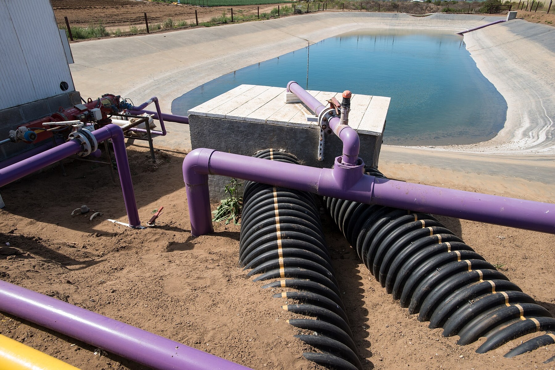 Purple reclaimed-water pipes and a pumping station connect to a lined storage pond at a Watsonville nursery.