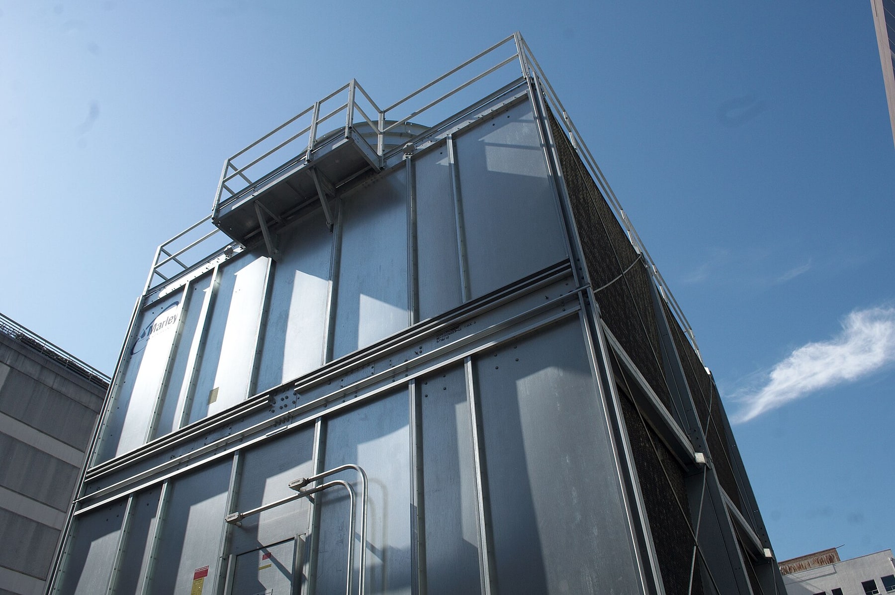 A large metal cooling tower serves the National Energy Research Scientific Computing Center.